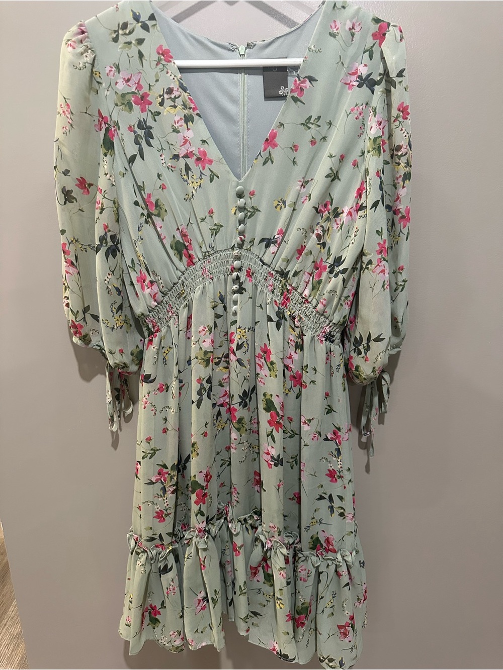 Floral V-Neck Smocked Waist Dress - Sage Green with Pink Floral